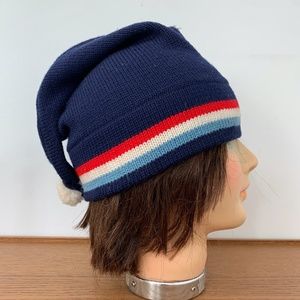 Unique Style Vintage Ski Cap 1970s Knit Hat Pompom Navy Red White Unisex